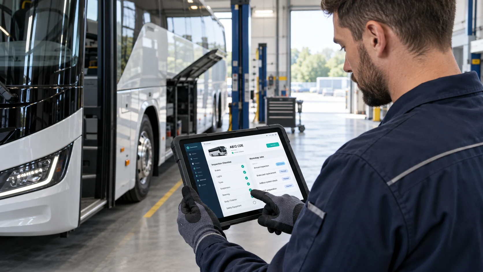 Coach mechanic wearing gloves and using FleetTask Workshop on a tablet
